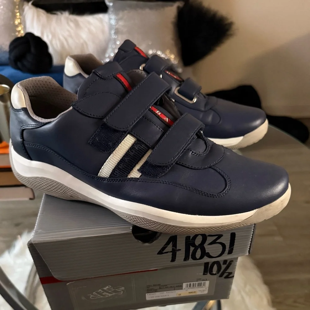 Prada Men's Navy Sneakers with White and Red Details - Picture 3 of 13